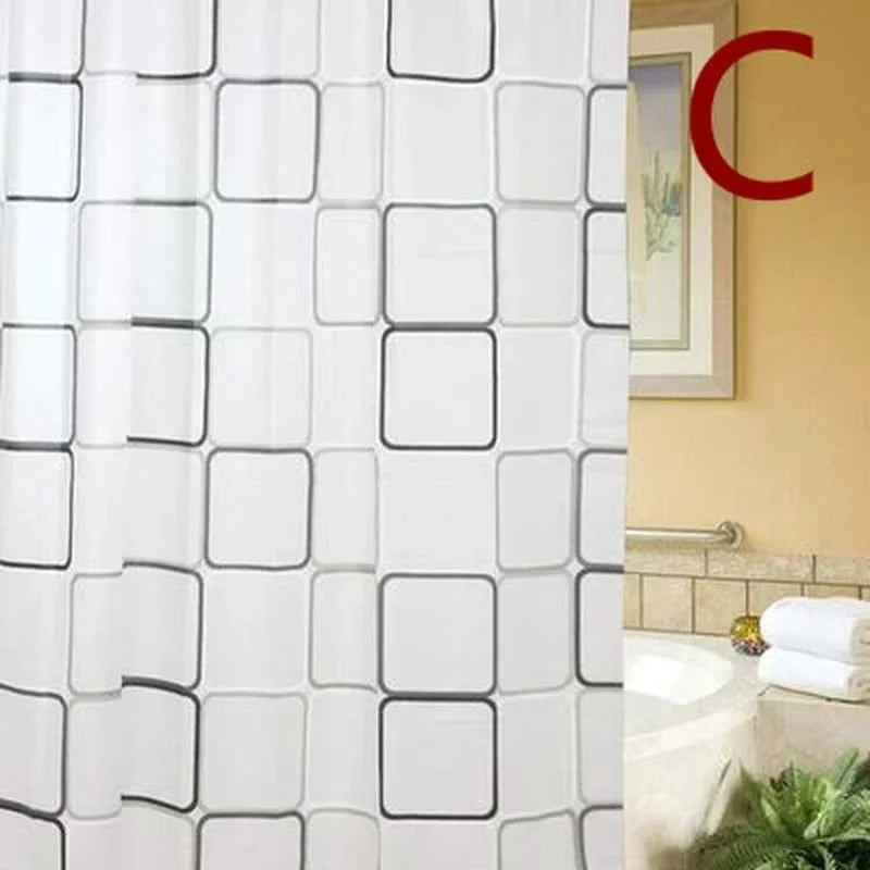 White square patterned shower curtain set with a silver trim and a decorative frame.