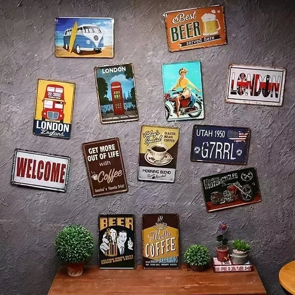 A collection of fridge magnets featuring various beer and London themed designs.