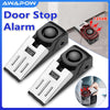 Dispositivo de alarma portátil para puertas negro, con un primer plano de su función e instalación.