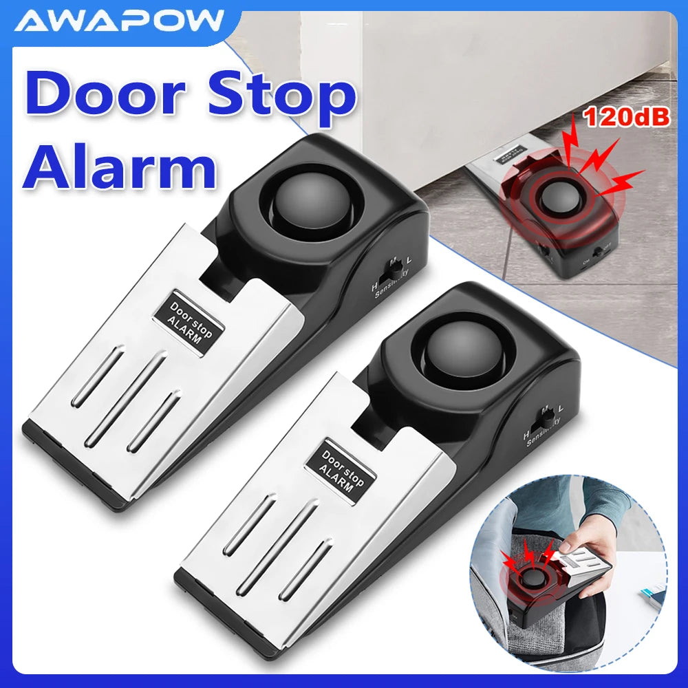 Dispositivo de alarma portátil para puertas negro, con un primer plano de su función e instalación.