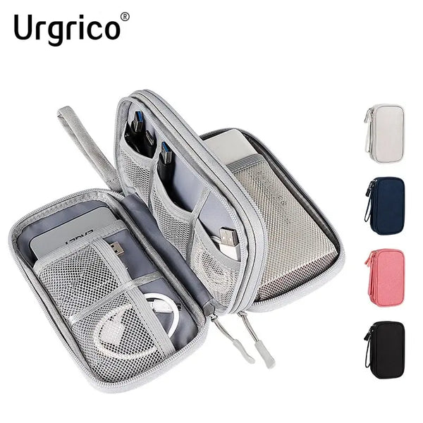 A silver mesh waterproof cable organizer travel case with multiple compartments and color options.