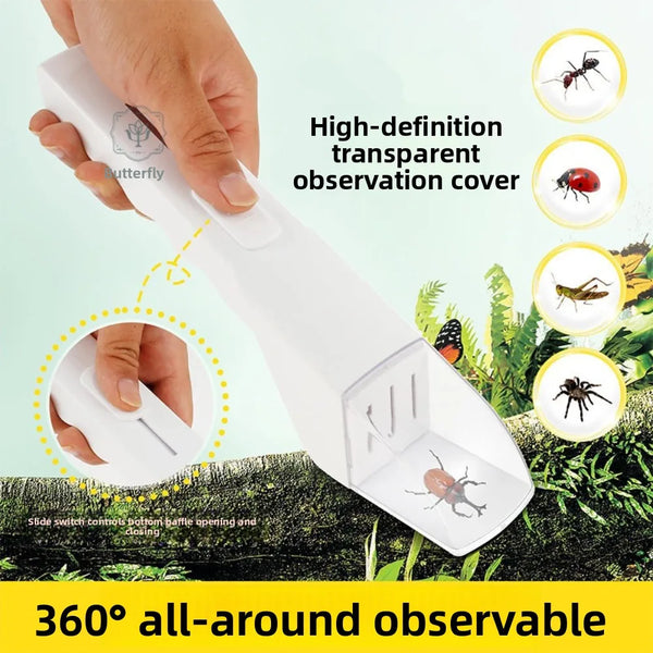 A hand holds a white, high-definition transparent observation cover tool for catching insects.