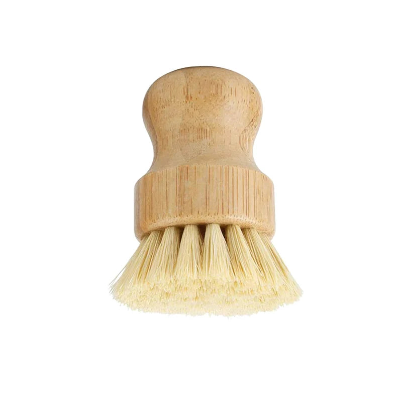 A set of two bamboo dish scrub brushes with sisal bristles.