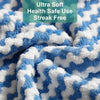 Close-up of a blue and white microfiber cleaning cloth with a zigzag pattern.