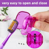 A hand holds a pink reusable toothbrush head cover, showing the easy open and close mechanism.
