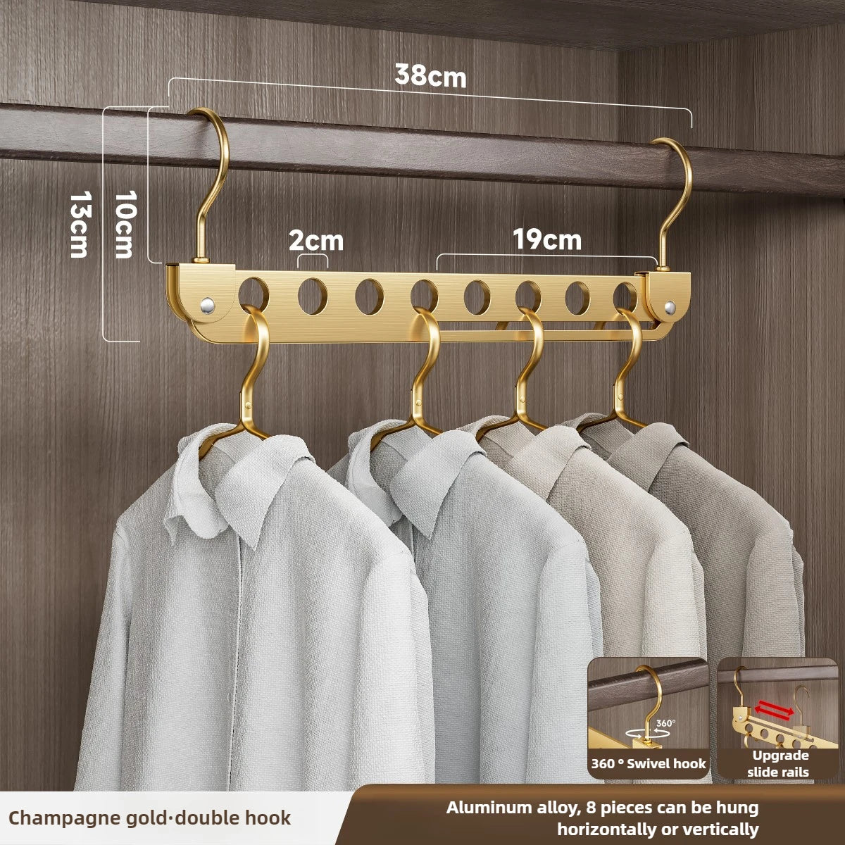 A gold double hook clothing rack with 8 hangers is shown against a wooden background.