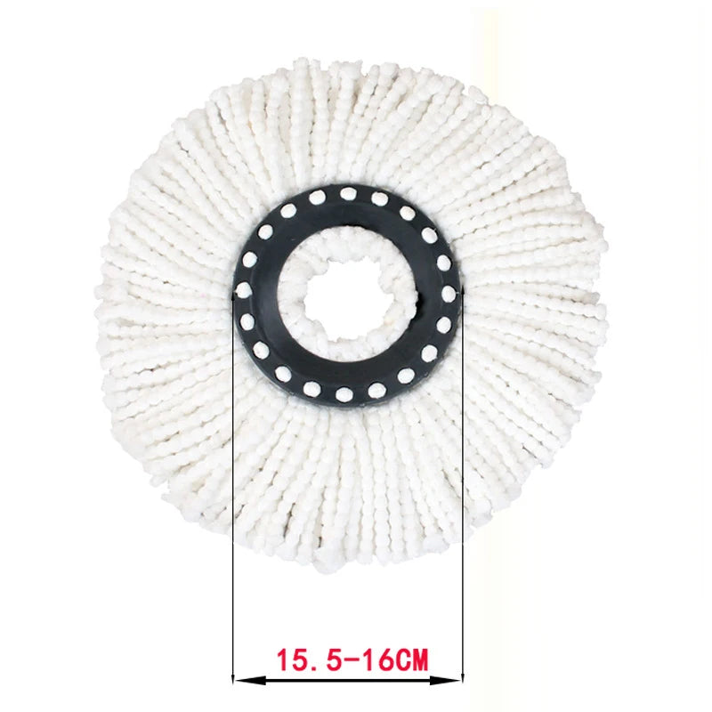 White replacement mop head with black rotating bristles and a measurement scale.