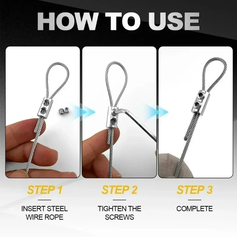 Three steps showing how to use adjustable steel wire rope cable clamps for securing wires.