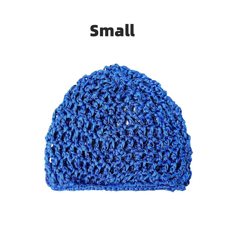 A small, bright blue hand-crocheted mesh hair net cap.