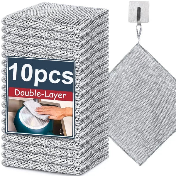 A stack of 10 pieces of double-layer stainless steel kitchen cleaning cloths with a hanging loop.