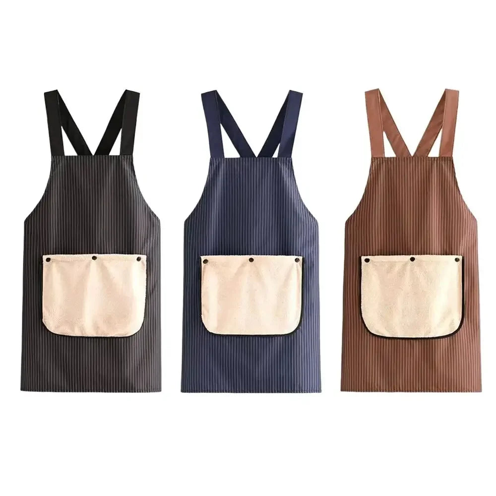 Three waterproof sleeveless kitchen aprons in black, navy blue, and brown with removable hand towels.