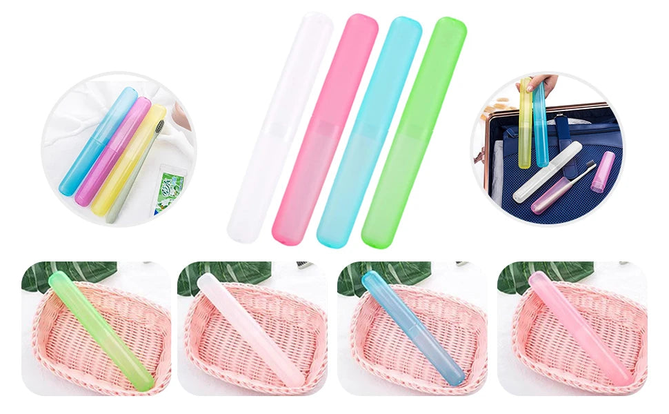 Various colored travel and storage toothbrush cases shown in various angles and on a pink woven tray.