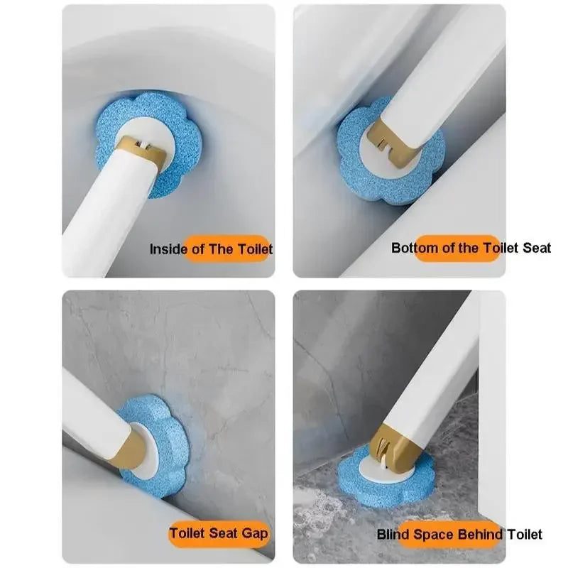 Four views of a blue disposable toilet cleaning brush and its components including the toilet seat gap and blind space.