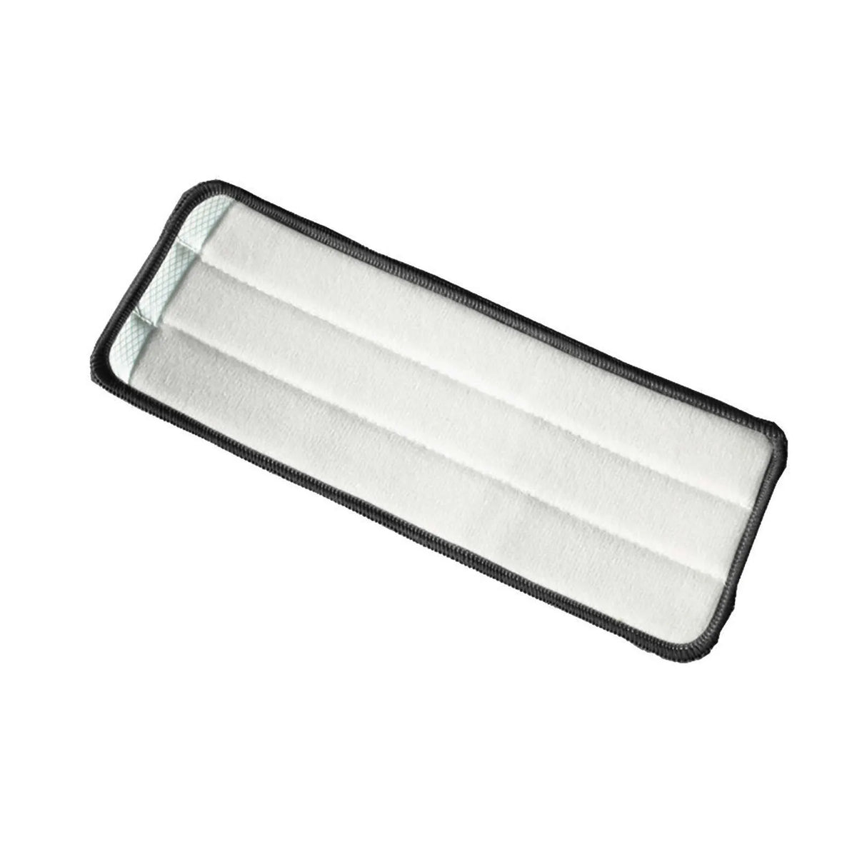 A rectangular white microfiber mop pad with black trim.