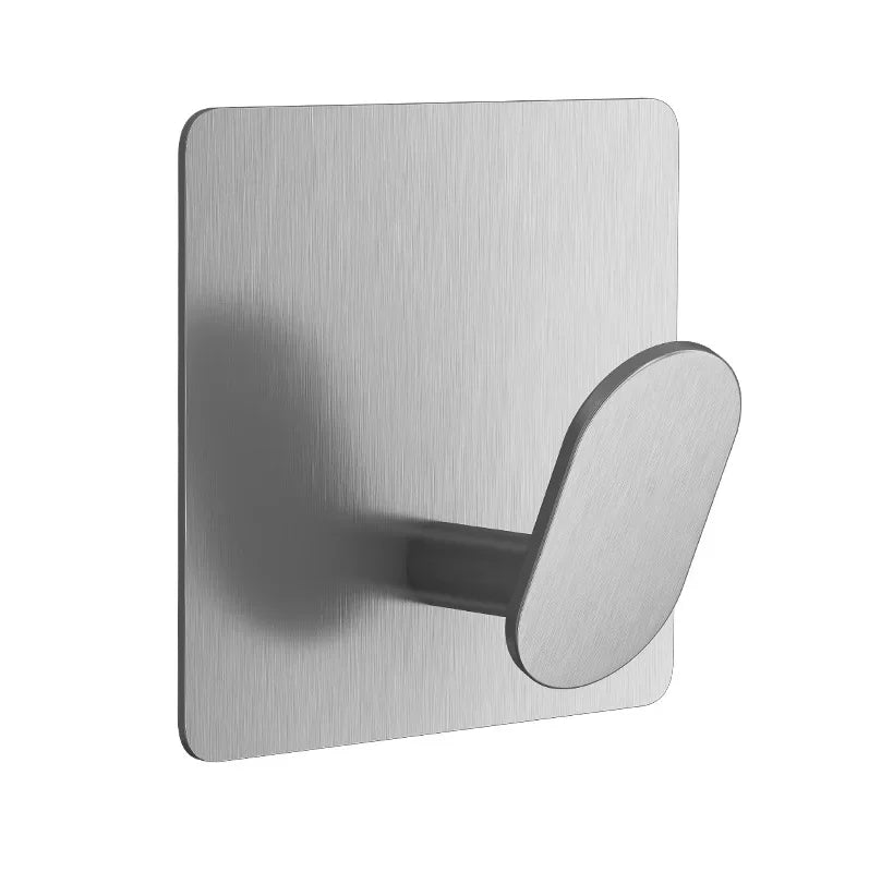 A rectangular stainless steel adhesive hook with a curved mounting piece.