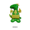 A bright green foil balloon shaped like a cartoon dinosaur or dragon.