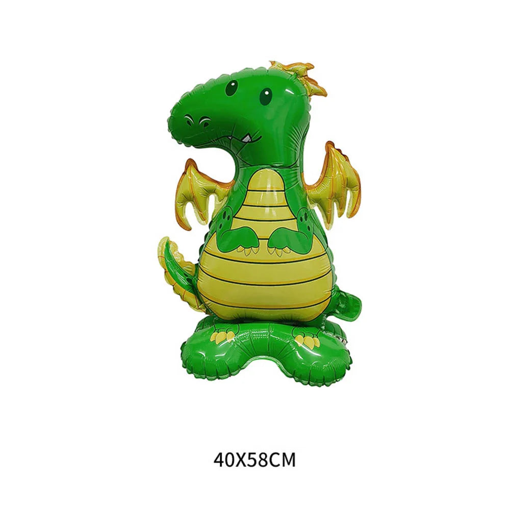 A bright green foil balloon shaped like a cartoon dinosaur or dragon.
