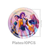 A set of 10 pink and purple plates featuring K-Pop inspired female characters.