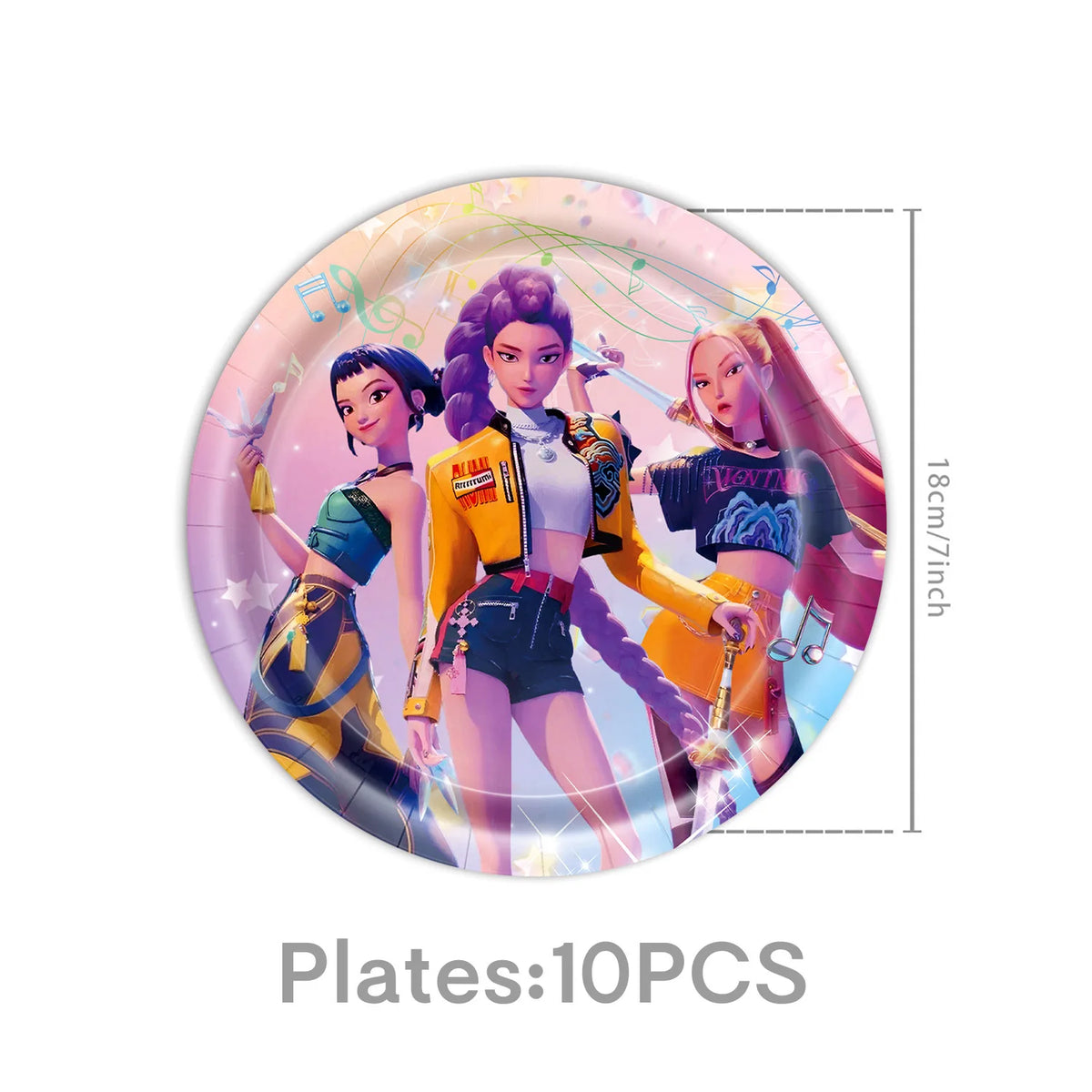 A set of 10 pink and purple plates featuring K-Pop inspired female characters.