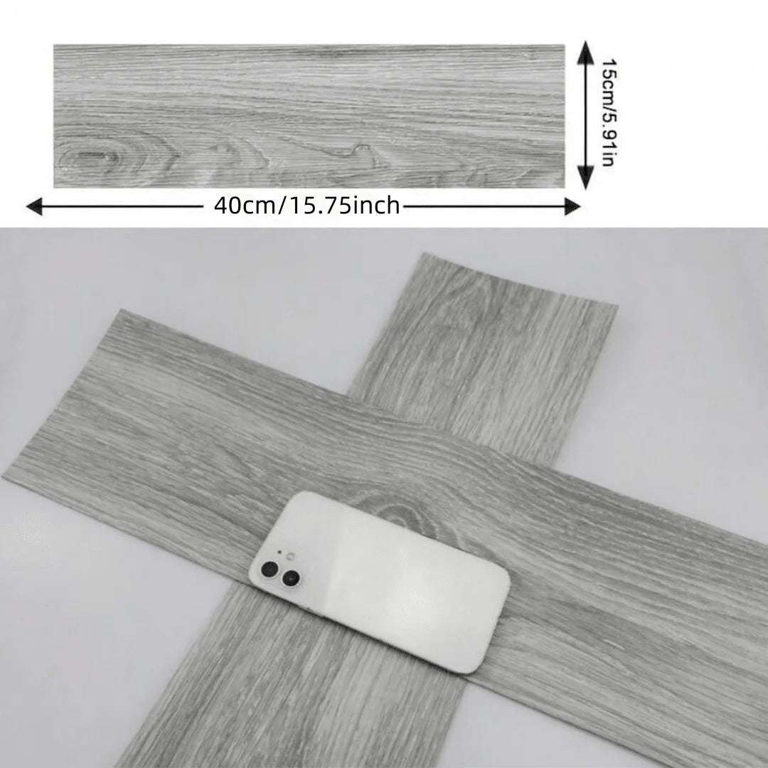 Una pieza rectangular de vinilo autoadhesivo de veta de madera moderna que muestra la textura y las dimensiones.