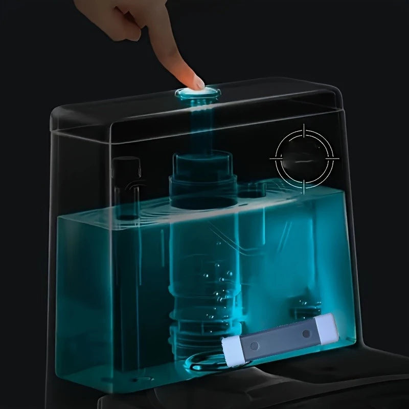 A hand is inserting a magnetic toilet cleaning stick into a clear plastic container for use.