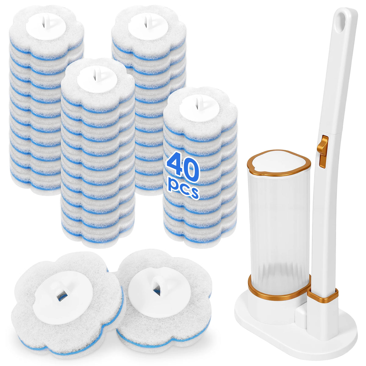 A set of disposable toilet brush cleaning tools including brushes and a lengthened handle.