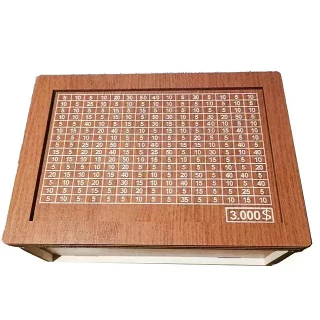 A wooden piggy bank with a grid of numbered slots for saving goals and a price tag.