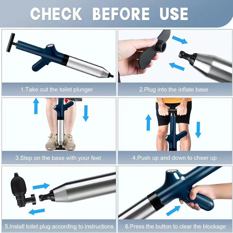 Instructions for using a heavy-duty stainless steel drain blaster kit, showing steps to plug and clear a blockage.
