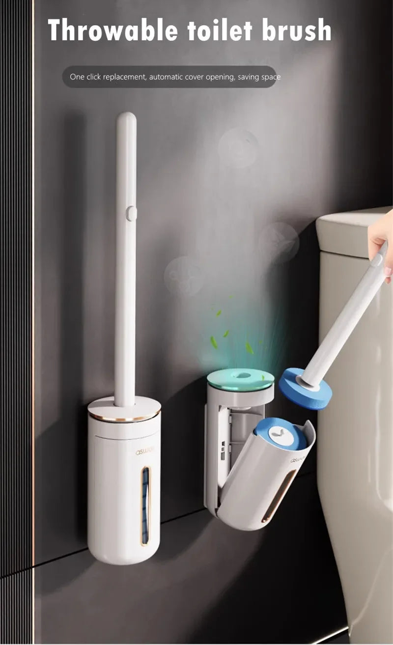 A wall-mounted toilet brush cleaning kit with a white handle and blue base is shown next to a toilet.