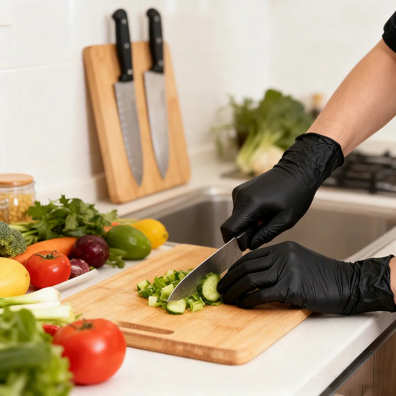 A hand wearing a black nitrile cleaning glove cuts green vegetables on a wooden cutting board.