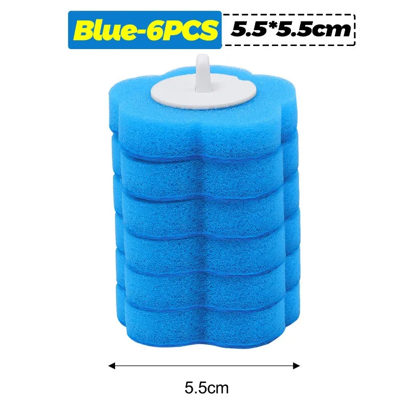 Blue disposable toilet cleaning foam sponges packaged in a pack of six