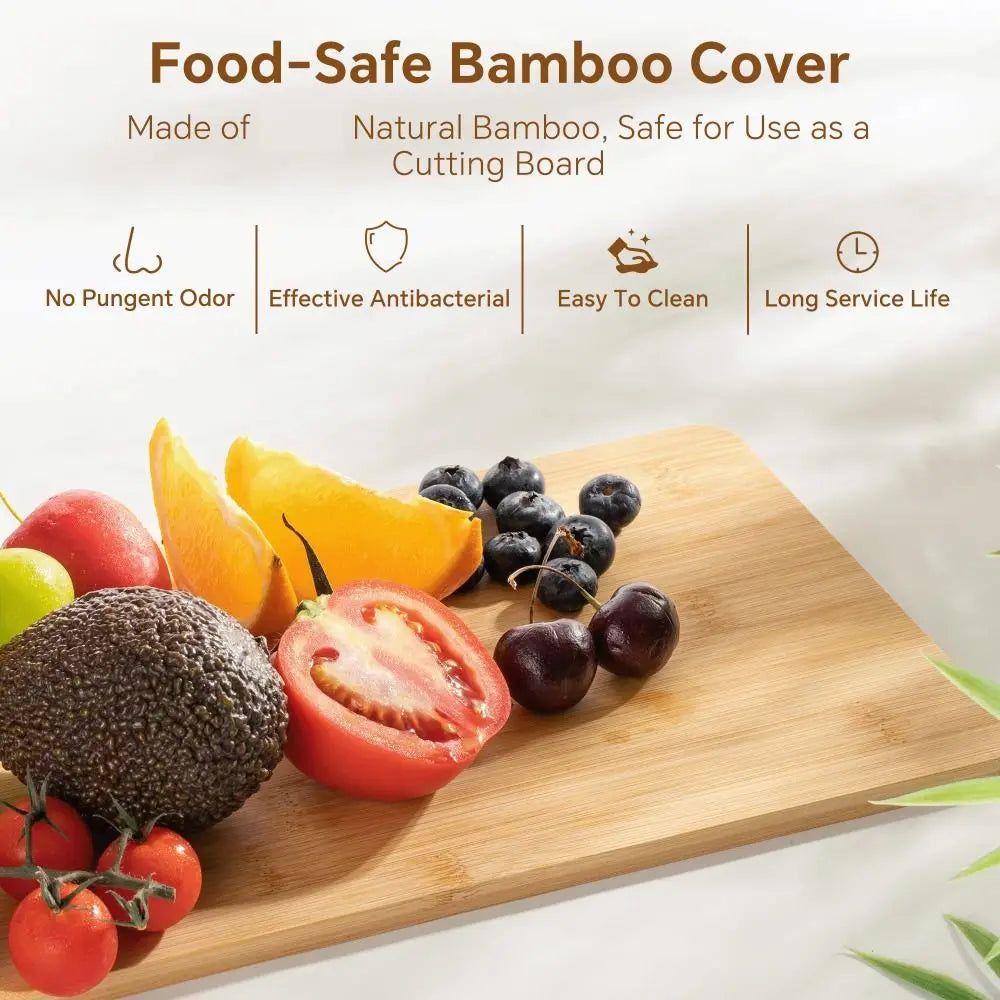 A wooden cutting board covered with a food-safe bamboo cover, surrounded by fresh fruits and vegetables.