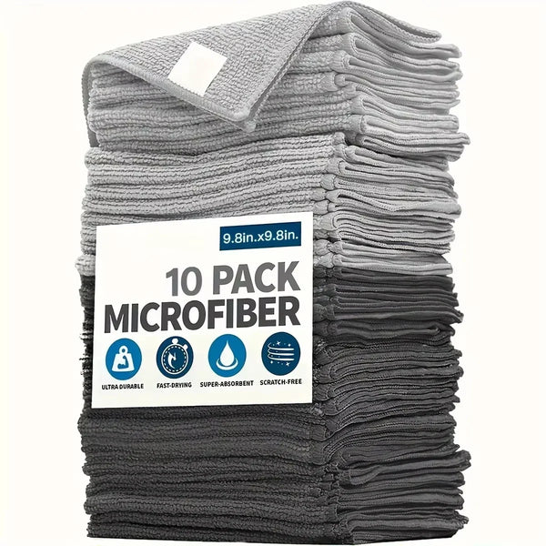 A stack of ten gray microfiber kitchen cleaning cloths.