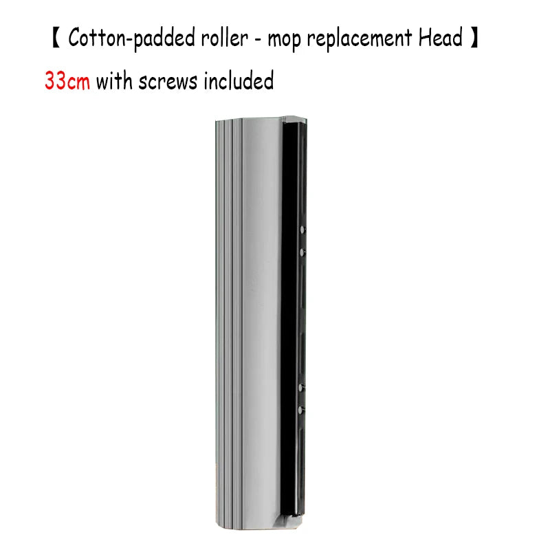 A silver cotton-padded roller mop replacement head with screws included.