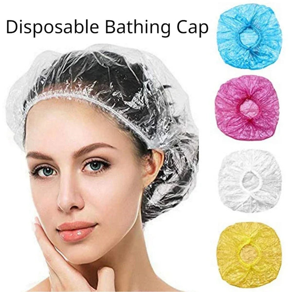 A woman is wearing a disposable bathing cap and various colored disposable shower caps are displayed next to her face.