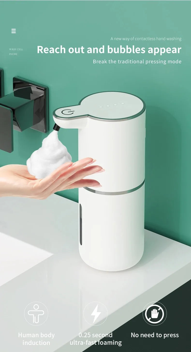 Dispensador de jabón blanco recargable automático, mostrando lavado de manos sin contacto.