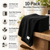 A stack of black microfiber cleaning cloths is shown on a wooden surface, highlighting their features.