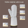 A white dishwashing glove is shown with close-ups highlighting its material, sponge, and wrist cuff features.