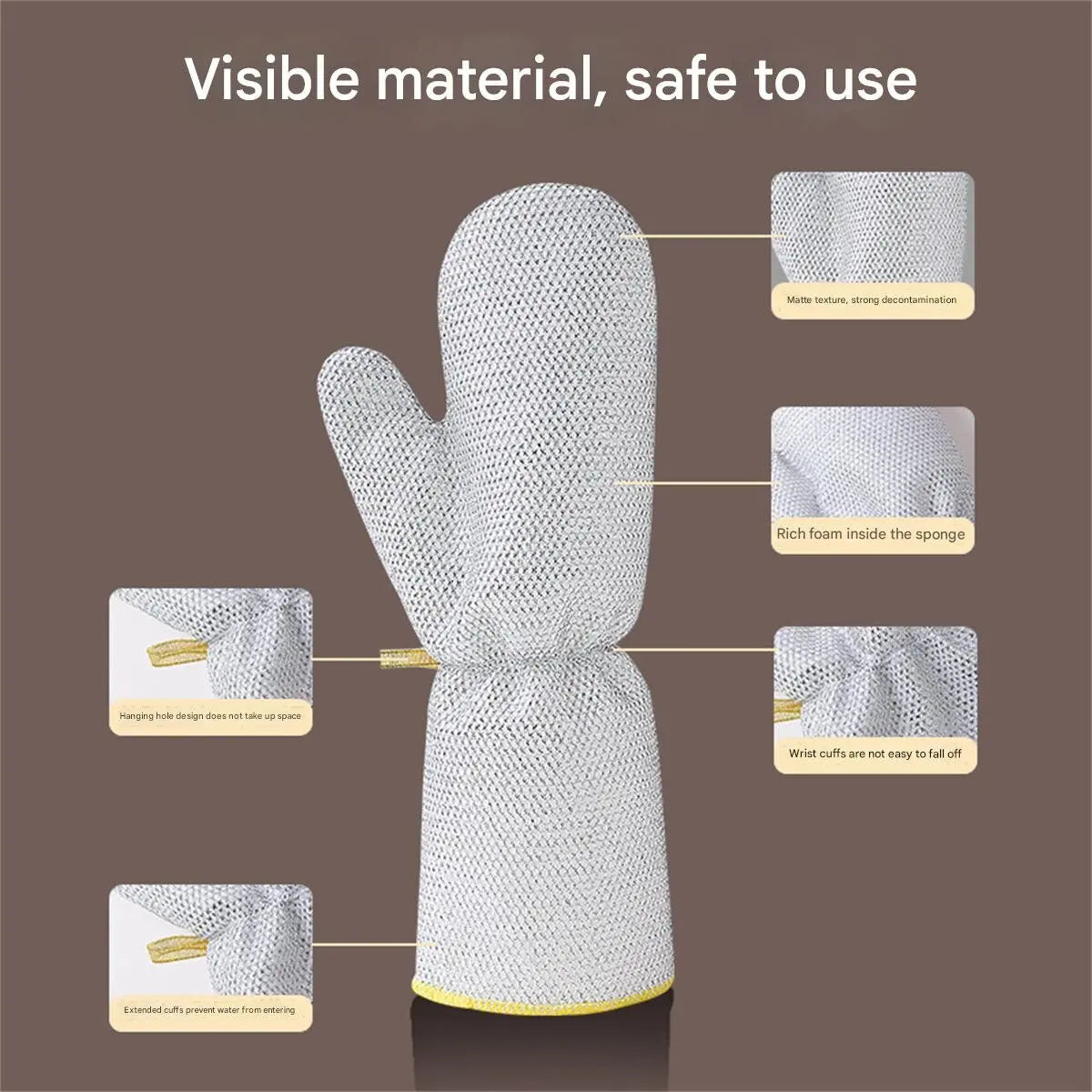 A white dishwashing glove is shown with close-ups highlighting its material, sponge, and wrist cuff features.