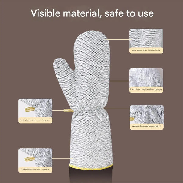A white dishwashing glove is shown with close-ups highlighting its material, sponge, and wrist cuff features.