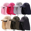 A collection of UV protection fishing sun hats in various colors including pink, red, gray, and black.
