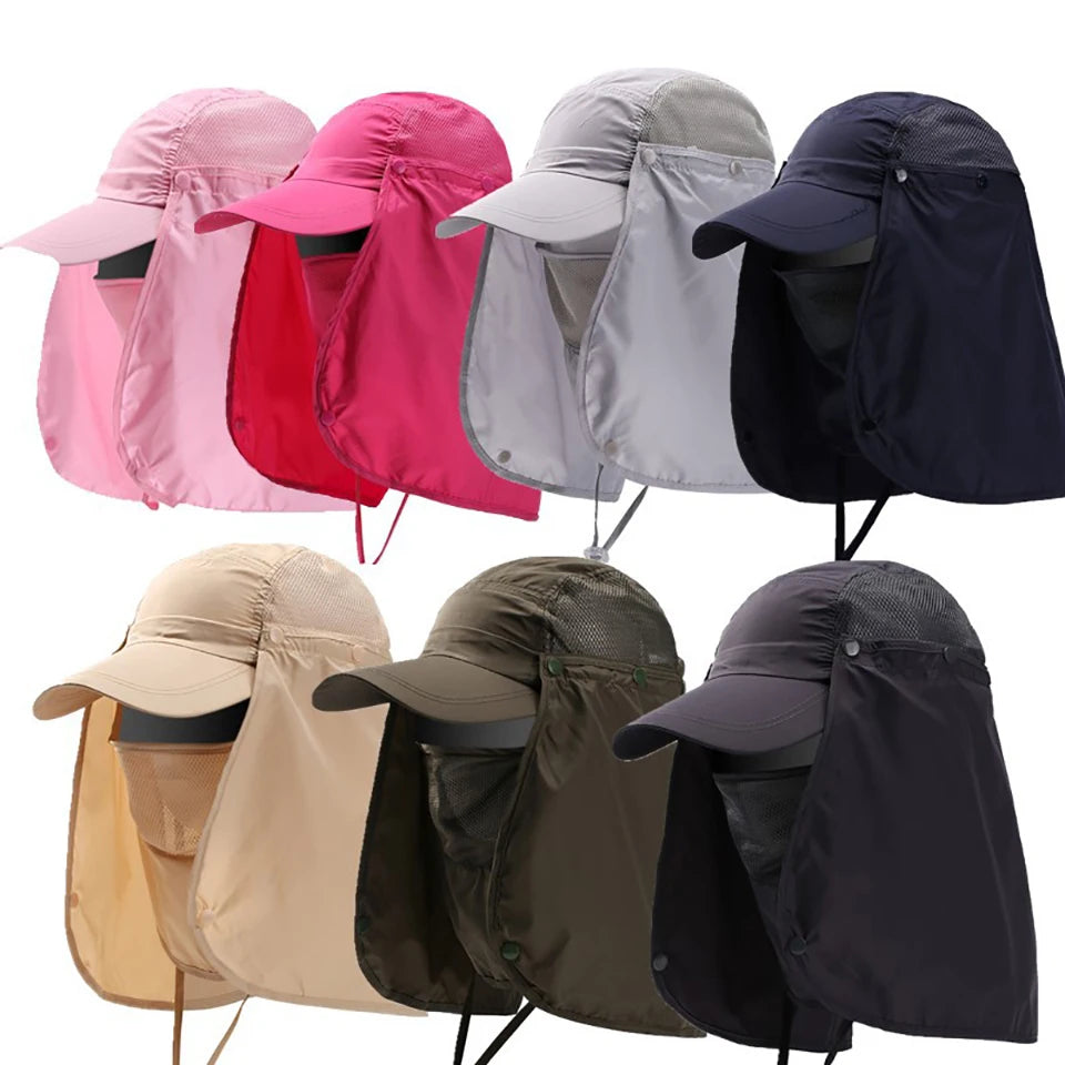 A collection of UV protection fishing sun hats in various colors including pink, red, gray, and black.