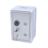 A silver metal piggy bank with a combination lock and a clear viewing window.