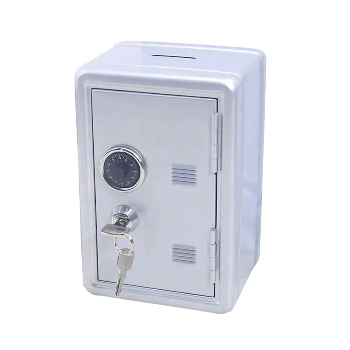 A silver metal piggy bank with a combination lock and a clear viewing window.