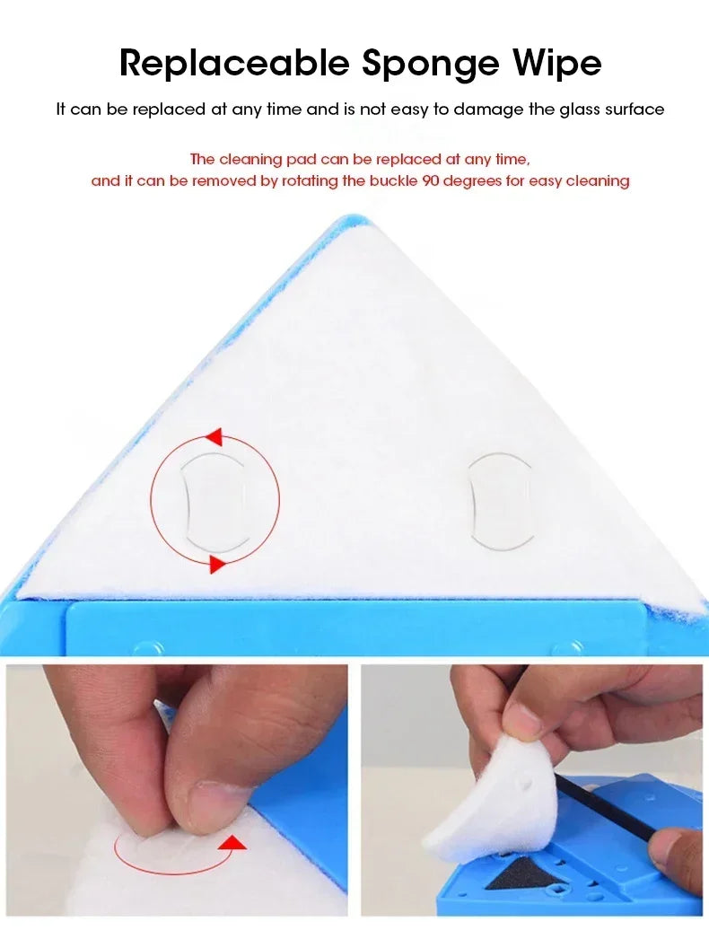A white sponge wipe is shown being used to clean a glass surface, demonstrating its replaceable nature.