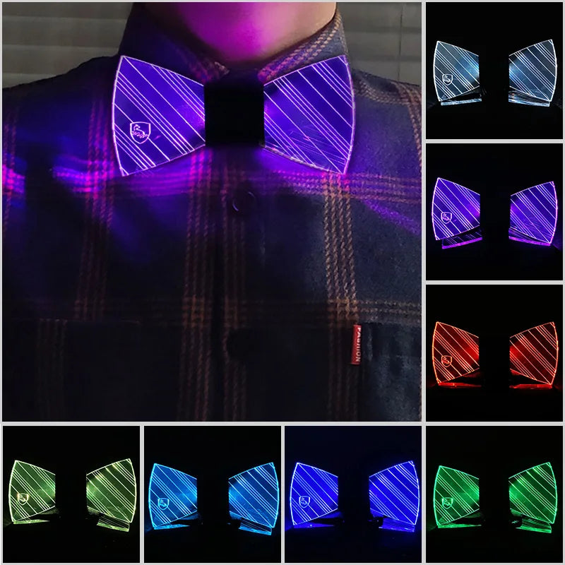 LED light up anime glasses displayed in various colors and angles on a dark shirt.