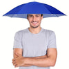 A man wearing a blue head-mounted umbrella hat for sun and rain protection.