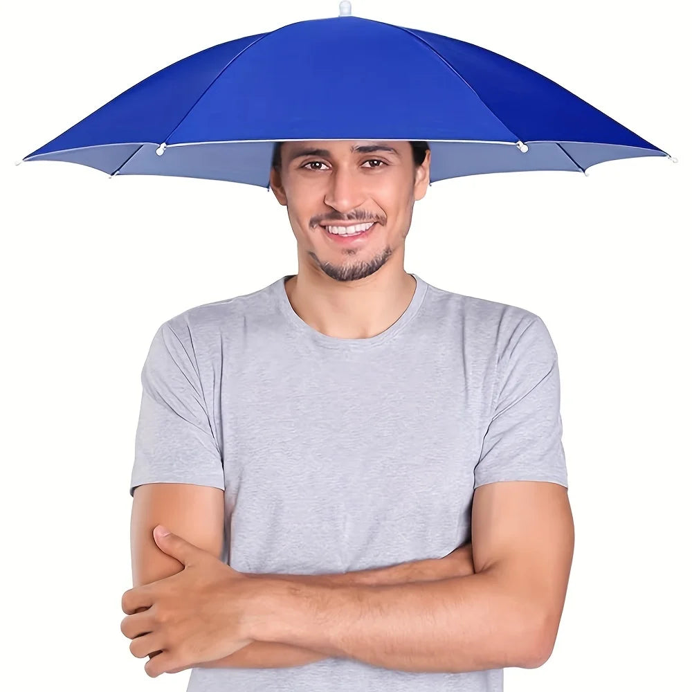 A man wearing a blue head-mounted umbrella hat for sun and rain protection.