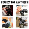 A set of black disposable nitrile cleaning gloves being used for various tasks.