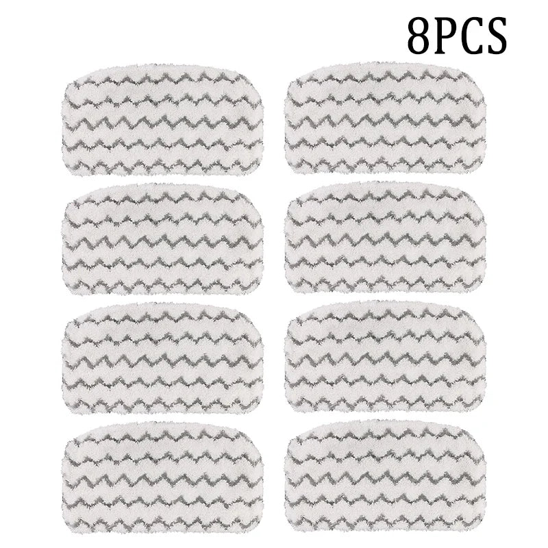 Eight replacement microfiber pads for a Shark steam mop, featuring a gray and white chevron pattern.